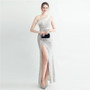 Women Ostrich Fur Slash Shoulder Roman Neck Sequined Evening Dress