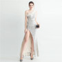 Women Ostrich Fur Slash Shoulder Roman Neck Sequined Evening Dress