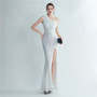 Women Ostrich Feather Sequined Slash Shoulder Evening Dress