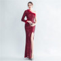 Women Ostrich Fur Slash Shoulder Roman Neck Side Slit Evening Dress