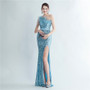 Women Ostrich Beaded Feather Slash Shoulder Side Slit Evening Dress