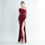 Women Ostrich Beaded Feather Slash Shoulder Side Slit Evening Dress