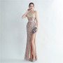 Women Ostrich Beaded Feather Slash Shoulder Side Slit Evening Dress