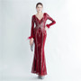 Women sequined ostrich fur long-sleeved evening dress