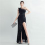 Women Ostrich Beamed Slash Shoulder Side Slit Evening Dress