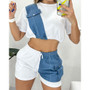 Women Summer Patchwork Denim Short Sleeve Top Short Two-Piece Set