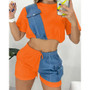 Women Summer Patchwork Denim Short Sleeve Top Short Two-Piece Set