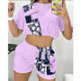 Women Summer Patchwork Denim Short Sleeve Top Short Two-Piece Set