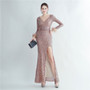 Women Ostrich Fur Cuff Side Slit Long Sleeve Sequined Mermaid Evening Dress