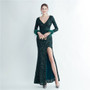 Women Ostrich Fur Cuff Side Slit Long Sleeve Sequined Mermaid Evening Dress