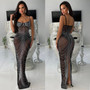 Women's Fashion Solid Color Mesh Beaded Slip Maxi Dress