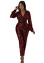 Women Long Sleeve V Neck Sequined Jumpsuit