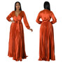 Women Autumn V-Neck Balloon Sleeve Pleated Dress