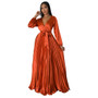 Women Autumn V-Neck Balloon Sleeve Pleated Dress