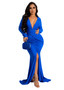 Women's Deep V Long Sleeve Pleated Slit Evening Dress