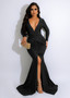 Women's Deep V Long Sleeve Pleated Slit Evening Dress