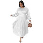 Plus Size Women Pleated Round Neck Long Sleeve Dress