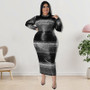 Plus Size Fall Women Long Sleeve Striped Print Dress