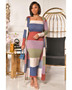 Plus Size Women Ribbed Print Colorblock Dress + Long Coat