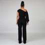 Women Solid Color One Shoulder Wide Leg Jumpsuit