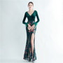 feather sequin velvet side slit long-sleeved evening dress