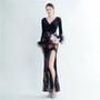 feather sequin velvet side slit long-sleeved evening dress