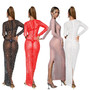 Women's Fashion Solid Color Mesh Beaded Long Sleeve Maxi Dress