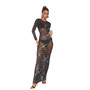 Women's Fashion Solid Color Mesh Beaded Long Sleeve Maxi Dress