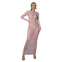 Women's Fashion Solid Color Mesh Beaded Long Sleeve Maxi Dress