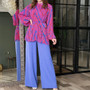 Summer Ladies Fashion Pleated Chic Puff Sleeve Shirt High Waist Wide Leg Pants Set