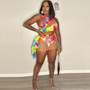 Sexy Printed Colorful Summer Swimsuit See-Through Three-Piece Set