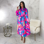 Women's Tie Long Sleeve Printed Pleated Dress