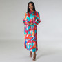 Women's Tie Long Sleeve Printed Pleated Dress