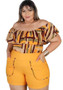 Summer Contrast Geometric Print Plus Size Women's Casual Off Shoulder Two-Piece shorts set