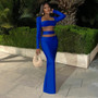 Women Solid Off Shoulder Long Sleeve Sexy Crop Top and Long Skirt Two-Piece Set