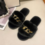 Autumn and winter metal chain plush slippers women's fashion warm large fur flat slippers