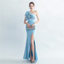 Lace Beaded Slash Shoulder Formal Party Side Slit Evening Gown