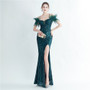 Positioning sequin feather straps off shoulder formal party evening dress