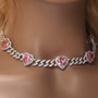 Heart Print Diamond Ladies Necklace Hip Hop 9mm Sweet Pink Zircon Cuban Chain