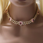 Heart Print Diamond Ladies Necklace Hip Hop 9mm Sweet Pink Zircon Cuban Chain