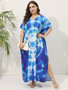 Plus Size Women Loose V-Neck Loose Short Sleeve Printed Dress