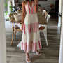 Women Summer Striped Print V-Neck Sleeveless Maxi Dress