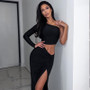 Women's Strapless One Shoulder Long Sleeve Hollow High Waist Slit Solid Color Sexy Bodycon Dress