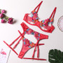 Sexy color matching embroidery large flower belt underwire bra garter belt leg circumference thong sexy underwear four-piece set