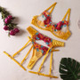 Sexy color matching embroidery large flower belt underwire bra garter belt leg circumference thong sexy underwear four-piece set