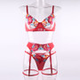 Sexy color matching embroidery large flower belt underwire bra garter belt leg circumference thong sexy underwear four-piece set