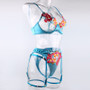 Sexy color matching embroidery large flower belt underwire bra garter belt leg circumference thong sexy underwear four-piece set