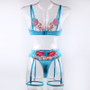 Sexy color matching embroidery large flower belt underwire bra garter belt leg circumference thong sexy underwear four-piece set