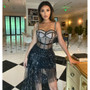 Women Sexy See-Through mesh Sleeveless Two Piece Skirt Set