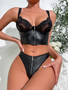 Women pu Leather mesh Patchwork zipper Sexy Lingerie two-piece set